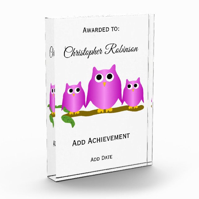 Purple Owl Design Personalised Acrylic Award (Left)