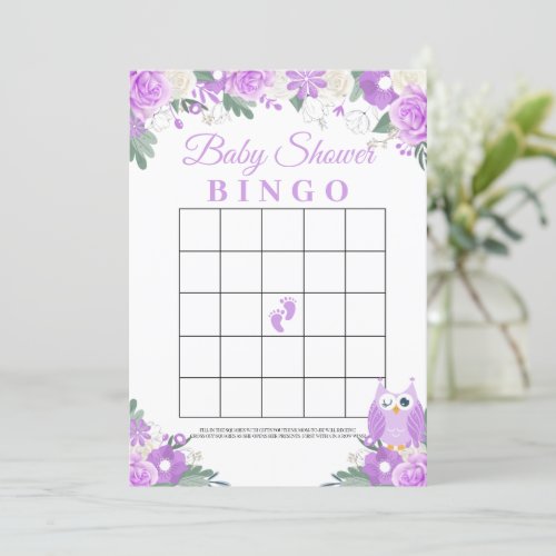 Purple Owl Floral Baby Shower Bingo Game Card