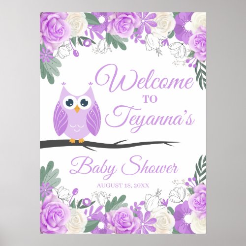 Purple Owl Floral Baby Shower Welcome Sign