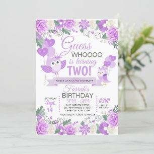 Purple Owl Floral Birthday Invitation