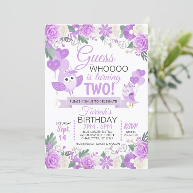Purple Owl Floral Birthday Invitation (Standing Front)