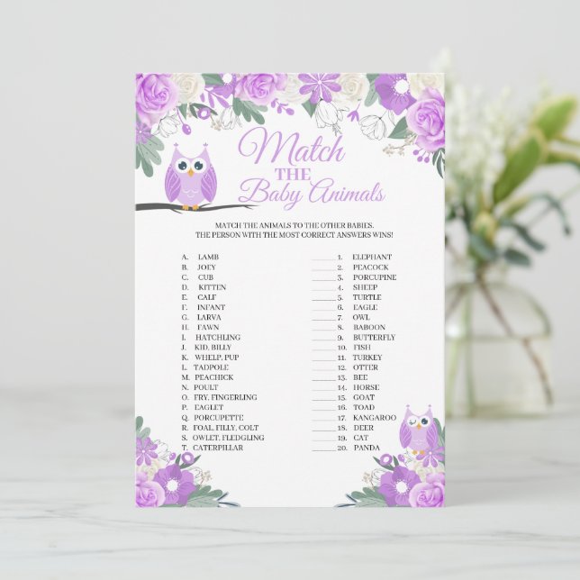 Purple Owl Floral Match The Baby Animals Game Card (Standing Front)