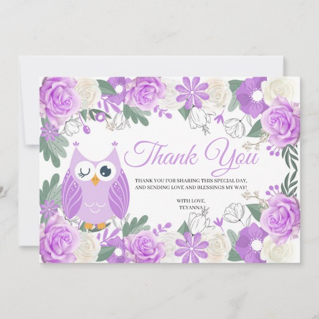 Purple Owl Floral Thank You Card (Front)
