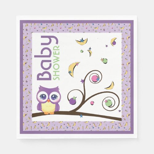 Purple Owl Gender-Neutral Baby Shower Moon Star Napkins