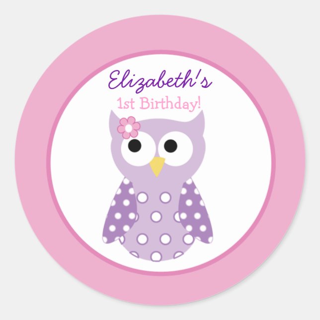 Purple Owl Girl Round Custom Favor Sticker (Front)