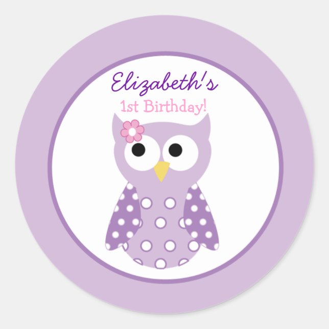 Purple Owl Girl Round Custom Favor Sticker (Front)
