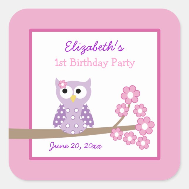 Purple Owl Girl Square Favor Stickers (6 Large) (Front)