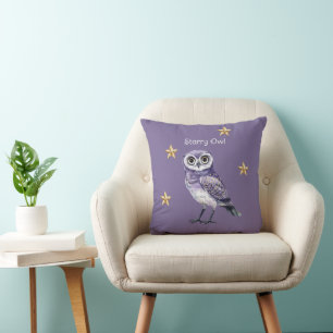 Purple Owl Gold Stars Throw Pillow