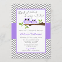 Purple Owl Gray Chevron Girl Baby Shower Invitation