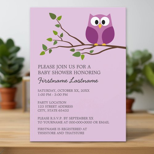 Cute Owl on Branch Baby Girl Shower Personalized Invitations