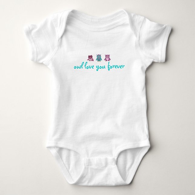 purple owl, owl, blue owl, owl love you forever baby bodysuit (Front)