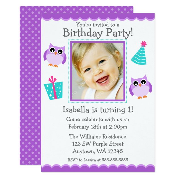 Purple Owl Party 1st Birthday Girl Photo Card