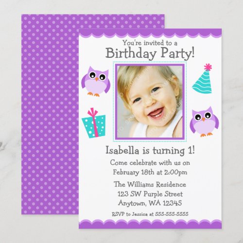 Purple Owl Party 1st Birthday Girl Photo Announcement