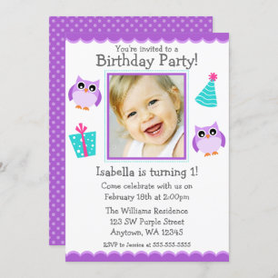 Purple Owl Party 1st Birthday Girl Photo Invitation