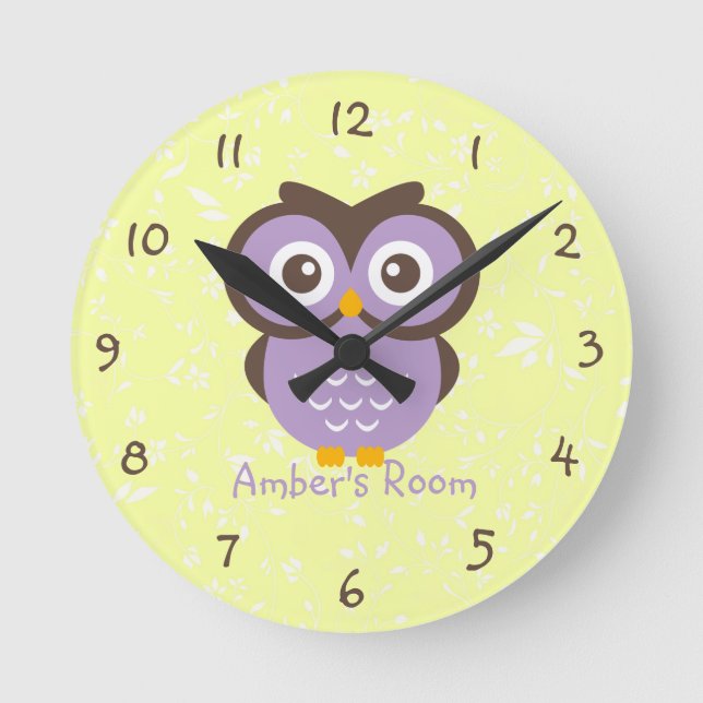 Purple Owl Personalized Kids Bedroom Round Clock (Front)