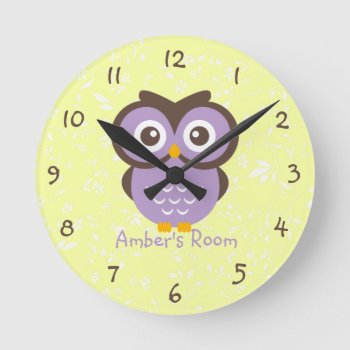 Purple Owl Personalized Kids Bedroom Round Clock by KaleenaRae at Zazzle
