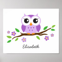 Purple owl personalized nursery wall art for girls