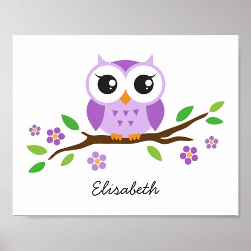 Purple owl personalized nursery wall art for girls