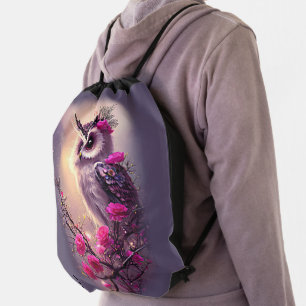 Purple Owl & Pink Flowers Drawstring Bag