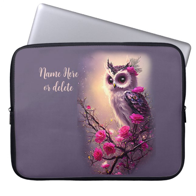 Purple Owl & Pink Flowers Laptop Sleeve (Front)