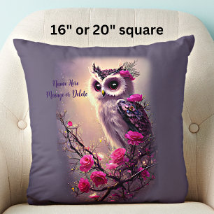 Purple Owl & Pink Flowers Throw Pillow