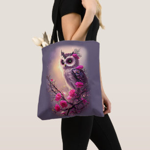 Purple Owl & Pink Flowers Tote Bag