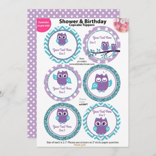 Purple Owl with Teal Cupcake Toppers Baby Shower Invitation