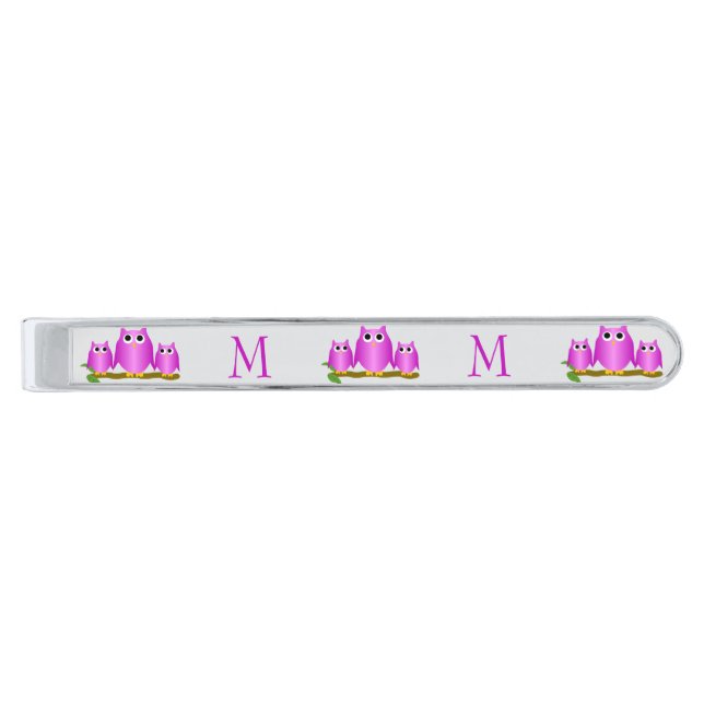 Purple Owls Design Monogrammed Silver Finish Tie Bar (Front)