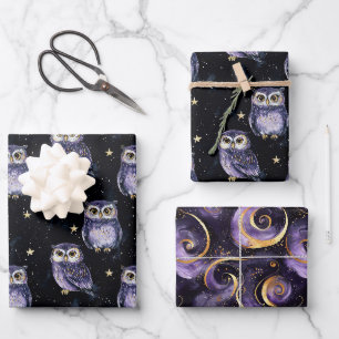 Purple Owls Magic Stars Birthday Wrapping Paper Sheets