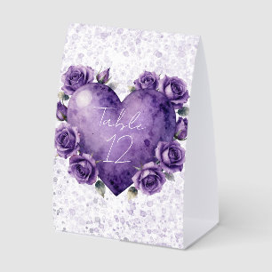 Purple Paint Heart and Roses Wedding Table Numbers Paper Table Tent