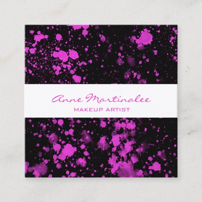 Purple Paint Splatter on Black Square Business Car Square Business Card (Front)