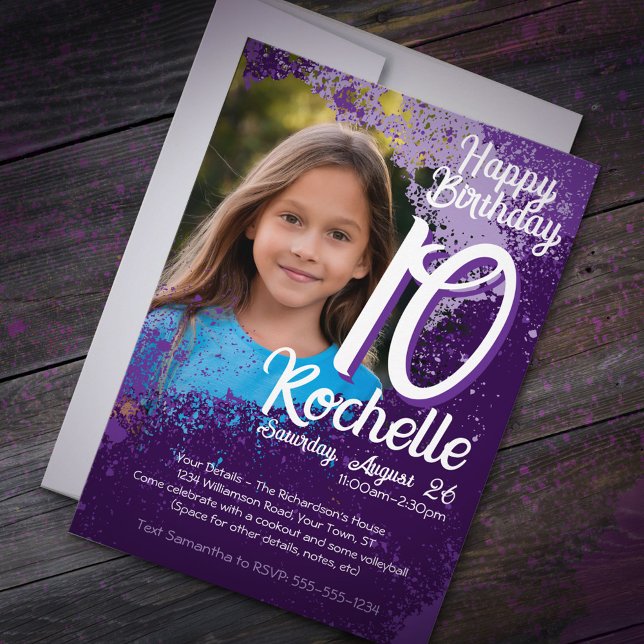 Purple Paint Splatter Photo 10th Birthday Invite (Creator Uploaded)