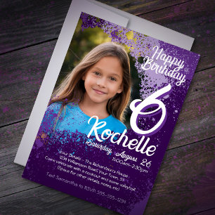 Purple Paint Splatter Photo 6th Birthday Invite