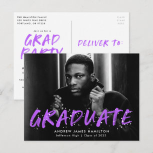 Purple Paint Splatter Photo Graduation Party Invitation Postcard