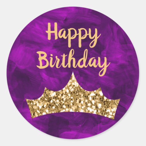 Purple paintbrush and Gold Crown Birthday Classic Round Sticker