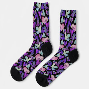 Purple Painted Hearts on Black Cute Socks