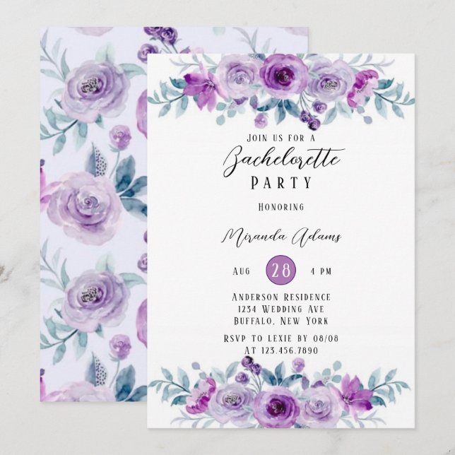 Purple Painted Peony Eucalyptus Bachelorette Party Invitation (Front/Back)