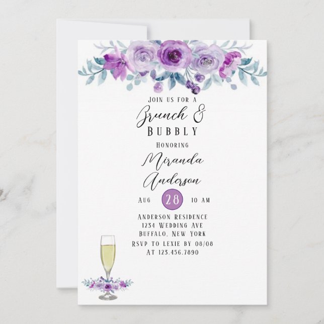 Purple Painted Peony Eucalyptus Brunch & Bubbly Invitation (Front)