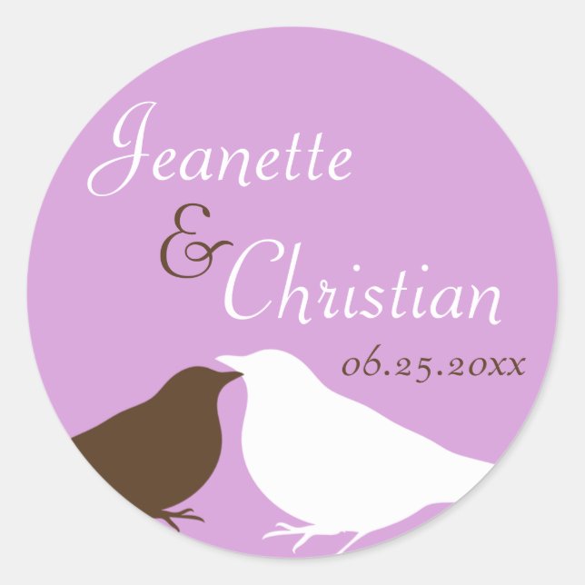 Purple pair love birds wedding favor seal label (Front)
