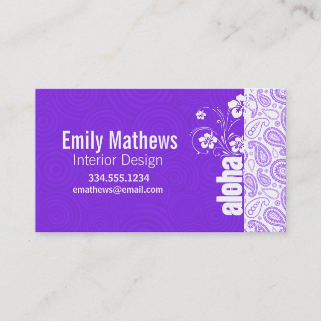 Purple Paisley; Aloha, Hibiscus Business Card (Front)