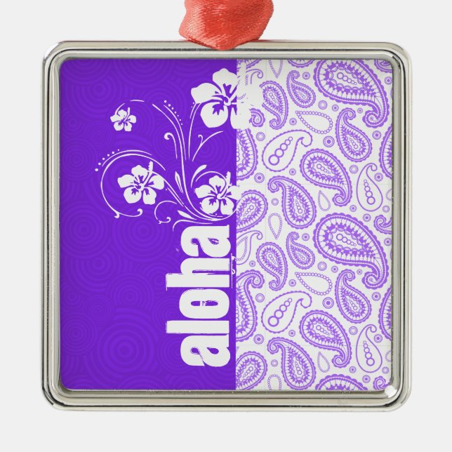 Purple Paisley; Aloha, Hibiscus Metal Ornament (Front)