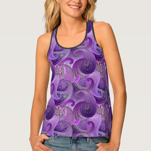 Purple Paisley Boho Damask Pattern Tank Top (Front)