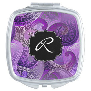 Purple Paisley Boho Damask Pattern with Monogram Vanity Mirror