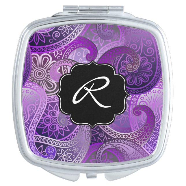 Purple Paisley Boho Damask Pattern with Monogram Vanity Mirror (Front)