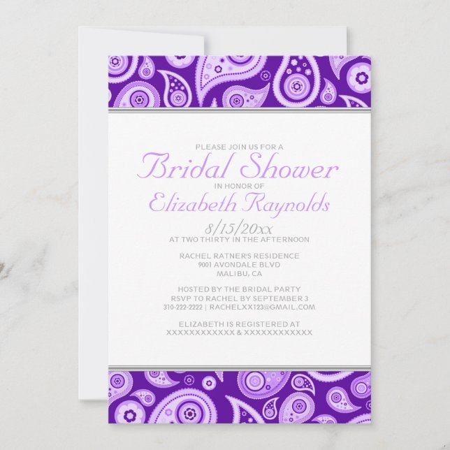 Purple Paisley Bridal Shower Invitations (Front)