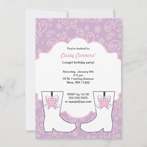 Purple Paisley Cowgirl Boots Birthday Party Invitation