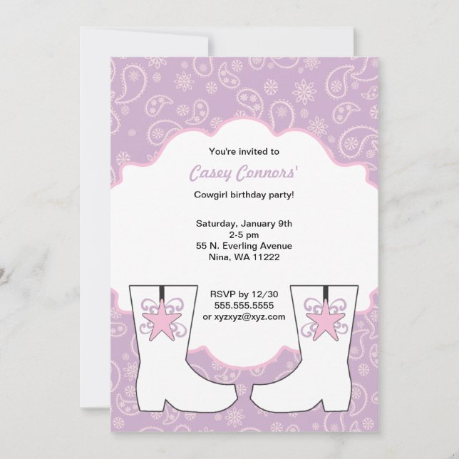 Purple Paisley Cowgirl Boots Birthday Party Invitation (Front)