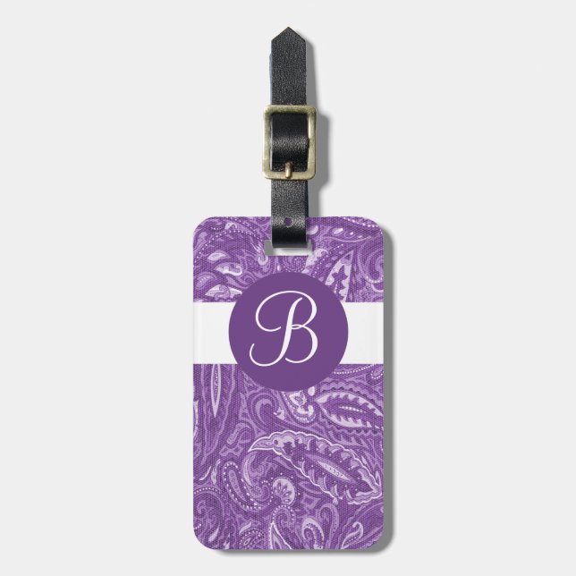 Purple paisley custom monogram luggage tag (Front Vertical)