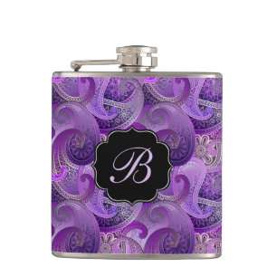 Purple Paisley Damask Pattern with Monogram Hip Flask