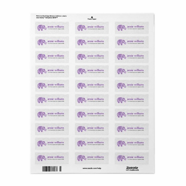 Purple Paisley Elephant Illustration Label (Full Sheet)